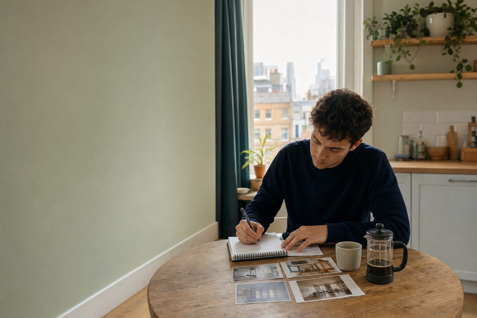 A tired renter sitting on a sofa in the evening looking at a phone with rental listings
